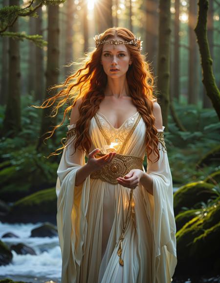 freyja, auburn hair, braided hair, magic, forest, mythic beauty, <lora:NBN-Freyja_NordicByNature:0.8>, ,The Sea Witch, A nbn-freyja adorned with seashells and flowing robes, whispering to the waves as she casts ancient spells.,low light, soft natural light, Rembrandt style light, Hasselblad DLSR camera, 200mm Zeiss lens, f/2.8, clear focus, high resolution image, ,Sexy pose, erotic pose, exhibitionism, ,A vibrant marketplace with colorful stalls and exotic goods