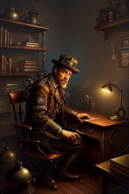 score_9, score_8_up, score_7_up Portrait of a young handsome male steampunk detective sitting at a cluttered desk, focusing on his intense expression. He has a focused look, and wears a dark Victorian coat. The lighting is warm from a single flickering oil lamp on the desk, casting shadows across his face. The background is blurred, with only hints of gears and bookshelves. The scene is richly detailed in sepia tones, creating a mysterious, close-up, waist-up composition