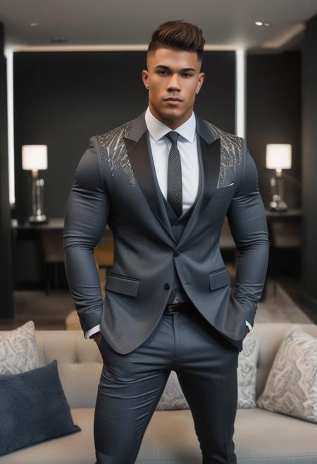 a strong 22-year-old american hunk bodybuilder male, with a fringe up undercut hairstyle, detailed face, mindless expression,  wearing a skin tight dark-gray suit with silver patterns, wearing pants,  on a modern living room, standing at attention pose, looking at viewer, portrait, photography, detailed skin, realistic, photo-realistic, 8k, highly detailed, full length frame, High detail RAW color art, diffused soft lighting, shallow depth of field, sharp focus, hyperrealism, cinematic lighting