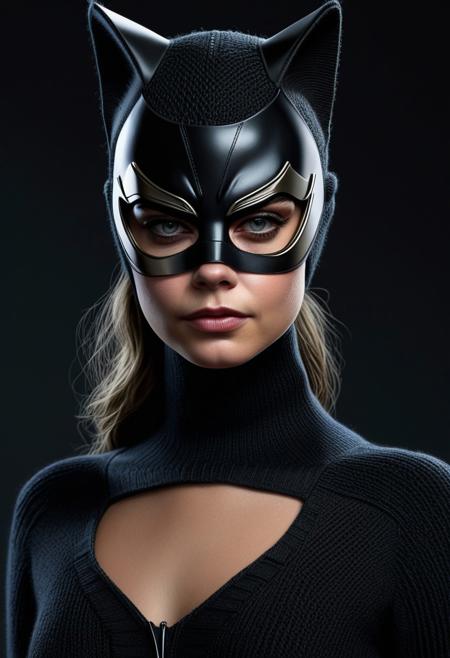 beautiful blonde model dressed as catwoman, film costume concept tests, stealth suit, knitted wool, home made, highly detailed portrait, digital painting, artstation, concept art, smooth, sharp focus illustration