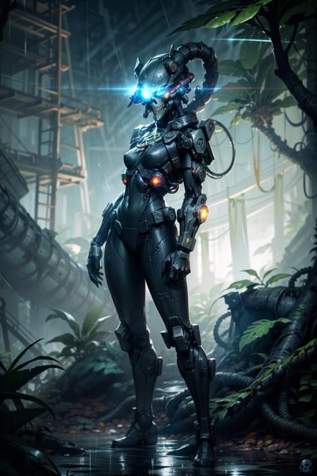 photo of , ((calexus:1.2)), ((solo:1.3)), mask, one blue glowing eye, cybernetic eye, skull glowing eye, fully covered face,  black bodysuit, <lora:tool - add_detail:0.5>
standing on top of tree, standing by massive tree, lush jungle, dense jungle, rain forest, dark ambiance, night time, <lora:Officio Assassinorum MK1 by CARAXES:0.7>