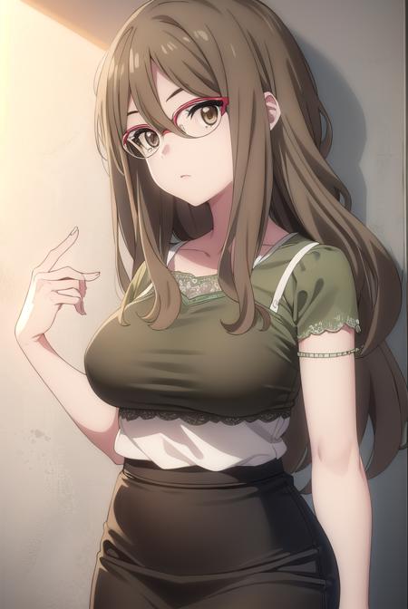 mizukinakahara, <lyco:mizukinakaharas1-lyco-nochekaiser:1>, 
mizuki nakahara, long hair, brown hair, (brown eyes:1.5), glasses, red-framed eyewear,
BREAK shirt, green shirt, camisole, black camisole, skirt, white skirt, short sleeves, pantyhose, pencil skirt,
BREAK outdoors, city,
BREAK looking at viewer, (cowboy shot:1.5),
BREAK <lyco:GoodHands-beta2:1>, (masterpiece:1.2), best quality, high resolution, unity 8k wallpaper, (illustration:0.8), (beautiful detailed eyes:1.6), extremely detailed face, perfect lighting, extremely detailed CG, (perfect hands, perfect anatomy),