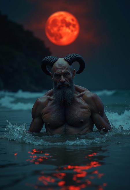 Solo, alone, Dark bara-manga, lighthearted beach movie scene at night, red blood moon in background ,cinematic atmosphere, a very thin yet muscular bald german grandpa lying in the water is gently mutating into powerful hairy horned giant demon man with a thin waist, horns, horned, demon,long nails,hairy chest, gigantic neck, doublechin, old tanned bald super muscular athletic granddad morphing into giant, water dripping down old man's body, muscles swelling,powerup,closeup,shy, cute,,portrait shot closeup, stormy black sky,