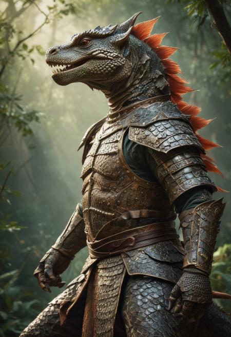 one giant lizard warrior, standing pose, ancient chinese armour, nature, soft lighting, film grain, cowboy shot, epiCPhoto, top light, low saturation, highly detailed, masterful painting in the style of Anders Zorn | Marco Mazzoni | Yuri Ivanovich, Jeff Simpson, oil on canvas