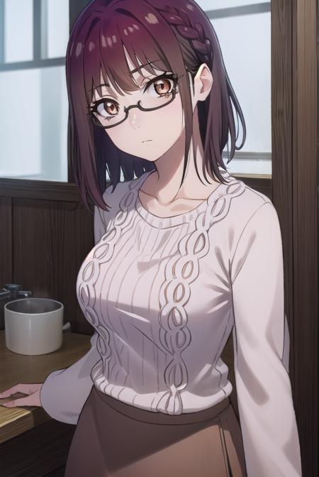 sumikafujimiya, <lora:sumika fujimiya s1-lora-nochekaiser:1>,
sumika fujimiya, (brown eyes:1.5), purple hair, braid, glasses, semi-rimless eyewear, under-rim eyewear,
BREAK sweater, long sleeves, collarbone, skirt, purple skirt,
BREAK indoors,
BREAK looking at viewer, (cowboy shot:1.5),
BREAK <lyco:GoodHands-beta2:1>, (masterpiece:1.2), best quality, high resolution, unity 8k wallpaper, (illustration:0.8), (beautiful detailed eyes:1.6), extremely detailed face, perfect lighting, extremely detailed CG, (perfect hands, perfect anatomy),