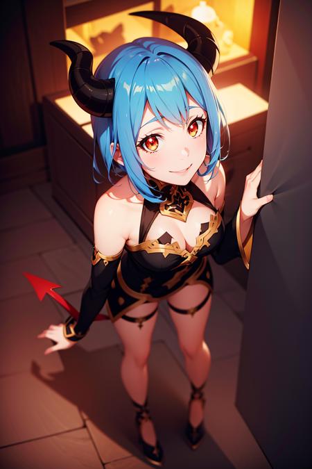 <lora:CREATED_ANIME_ShingekiNoBahamut_nina_v01_5nina_15reg_auto:0.8>nina \(shingeki no bahamut\), devil disguise black, blue hair, horns, detached sleeves red, demon tail black, smile, full body, amber_eyes, 64K, f1.2, 800mm, UHD, dynamic lighting, anime screencap