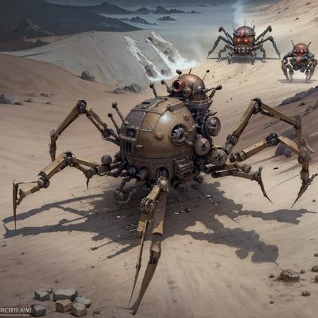 concept art, <lora:Clockworkspider:.75> Clockworkspider  ww1 battle bot ,  spider