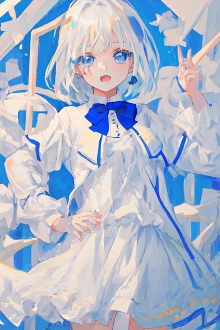 <lora:xingtong_2d:1>, xingtong, 1girl, blue eyes, white hair, okappa haircut