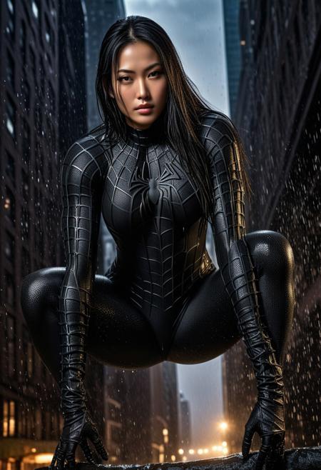 score_9, score_8_up, score_7_up, best quality, realistic, masterpiece, beautiful detail, hyperrealistic, night, ((1girl, woman body, big breasts)), amazing detailed full body portrait of a asian girl, wearing a realistic and highly detailed black raimi spider-man suit, ((huge muscular girl)), professional model wears ultra - detailed black raimi spider - man suit, ultra - detailed and grained black raimi spiderman suit, suit covered entire body and hand, black spiderman gloves, wet, (spread leg), (full body), (dirty skin), octane render, highly detailed, volumetric, dramatic lighting, (highest quality:1.1), (HDR:1.3), (top quality, best quality), realistic, high definition,