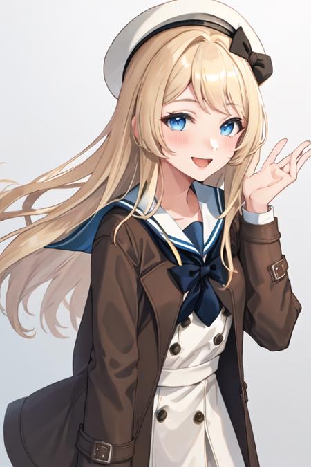 best quality, masterpiece, highres, solo, {jervis_kantaicollection:1.15}, blonde_hair, long_hair, blue_eyes, hat, white_headwear, sailor_hat, smile, open_mouth, 1girl, alternate_costume, beret, looking_at_viewer, simple_background, blush, brown_jacket, gradient, gradient_background, upper_body, white_background, blue_headwear, brown_coat, coat, jacket