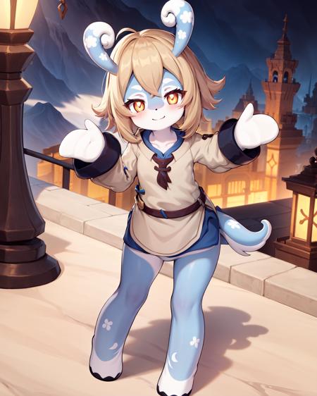 full body, 1girl, melusine, blue skin, orange eyes, blonde hair, curly ears, stubby tail, smile, blush, white shirt, looking at viewer, standing, waving, leaning forward,
<lora:MelusineV3:1>