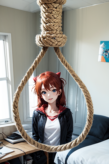 absurdres, highres, best quality, <lora:nooseportal:1> noose portal, noose, 1girl, souryuu asuka langley, red hair, bedroom,