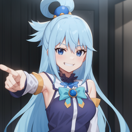 ,<lora:Aqua:1>,
anime screencap,anime coloring,
1girl, solo, long hair, blue eyes, detached sleeves, smile, blue hair, simple background, skirt, grin, green bow, hair rings, hair ornament, blue skirt, bangs, bare shoulders, bow, shirt, very long hair, breasts, smug, hair between eyes, green bowtie, white sleeves, medium breasts, looking at viewer, long sleeves, teeth, bowtie, blue shirt, single hair ring, pointing