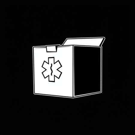 (stylized 2D, vector art), (schematic representation of an cardboard box with a medical symbol), (solid colors, thick-linework), white outline, black background, cardboard box with a medical symbol white in the center, black background, HDR, UHD, overall design is square, the design is only in black and white and minimalist in style