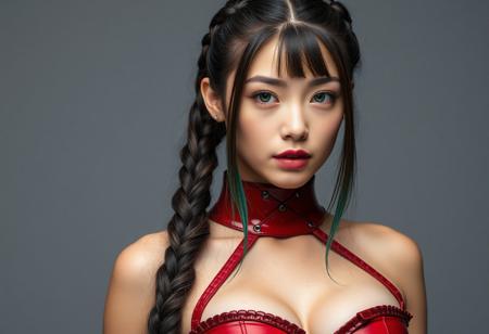 score_9, score_8_up, score_7_up, score_6_up, score_5_up, score_4_up, 1woman, , RAW photo, (freckles:0.8), long braided top ponytail, Brunette hair with teal tips, medium close-up shot front view, red latex corset (busty 44d:1.5), extremely detailed, beautiful detailed neon green speckled eyes, full lips, almond skin, neutral expression, neutral gray background, studio lighting , in the style of (kyuYong Eom:1.0)