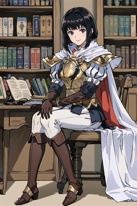 masterpiece, best quality, olwen, armor, breastplate, white cape, pleated skirt, white pants, brown boots, elbow gloves, study, sitting, desk, chair, bookshelf, looking at viewer, smile <lora:olwen-nvwls-v2-000012:0.9>