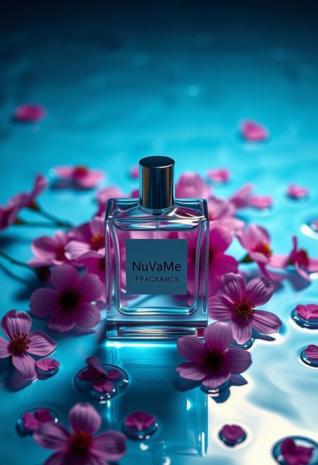 Minimal perfume bottle and flowers all over the set, top light on top of a background with water, saturation color scheme, bright light glass refraction, mottled shading, studio lighting, contrast high precision, fine gloss, centered composition, neon blue color palette. Brand name written as 'NuVaMe Fragrance' on it.