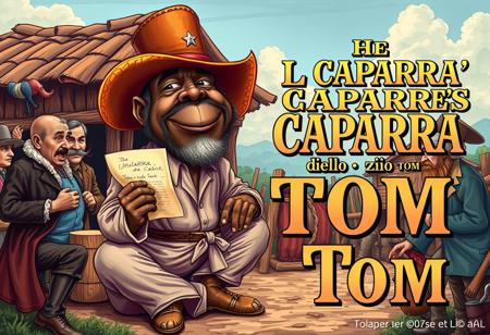“Illustrate a caricature-style book cover inspired by Uncle Tom’s Cabin, reimagined as La CAPARRA dello Zio Tom. The scene should feature exaggerated, satirical elements with bold, dynamic colors that evoke the vintage aesthetic of 19th-century illustrated book covers.
Uncle Tom is portrayed as a humorous, larger-than-life character, dressed in tattered yet vibrant clothing, holding a contract or receipt symbolizing ‘la caparra’ (the deposit). Surround him with symbolic elements representing social commentary, such as exaggerated caricatures of other characters from the original novel, set in a plantation backdrop with surreal and whimsical tones.
The title, La CAPARRA dello Zio Tom, should be prominently displayed in bold, ornate lettering that blends classic typography with a playful twist. Include smaller details that highlight the satirical nature of this cover while staying respectful to the original themes of the book.”