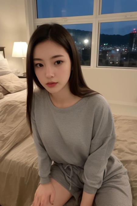 29 yo girl, Korean beauty, brunette, close-up, girl next door, baggy clothes, night, interior,