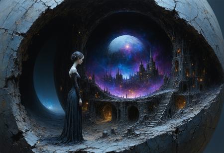 Painterly dark fantasy illustration, style of Brom and Zdzisław Beksiński. Medium close-up: A figure fused from cracked porcelain doll fragments and rusted clockwork gears, hunched posture, gazes intently into a shimmering obsidian orb glowing with internal nebula-like light. Within the orb, a sharp, miniature vision: a sprawling cityscape meticulously constructed from iridescent, shifting beetle wings. Dramatic moonlight casts stark highlights on cracked porcelain and corroded metal, contrasting deep abyssal shadows. Visible, textured brushstrokes. Swirling chromatic dust motes obscure the background. Atmosphere of detached fascination, impossible construction, dreamlike logic.