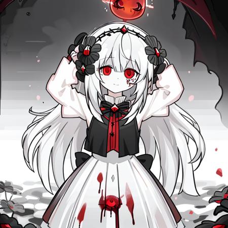 1girl,long hair,red eyes,solo,halo,flower,white hair,black flower,long hair,evil smile,red moon,arms behind head,hitodama,death, horror \(theme\), expressionless, blood, <lora:tebolika-000008:0.85>,<lora:BlackSouls:0.55>,