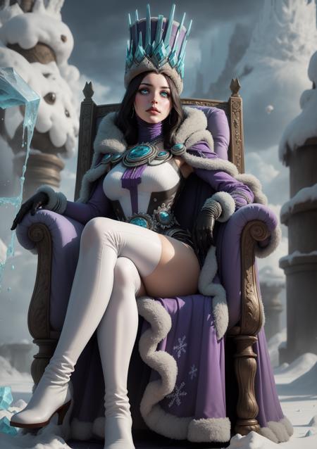 (highres, best quality:1.3),
TzarinaKatarin, solo, mature female, sitting on throne, crossed legs, full body shot, frozen throne, throne room, palace, cloudy sky background, looking at viewer, 
black hair, (hat, crown:1.1), long hair, makeup, blue eyes, glowing eyes, perfect eyes, perfect face, detailed face,
purple (fur-trimmed coat:1.1), fur trim, gem, jewelry, fur cape, gloves, white thighhighs, boots,
large breasts, 
<lora:TzarinaKatarin:0.9>