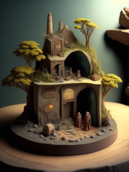 <lora:DIORAMA:1>Elohim polymer clay ancient village diorama