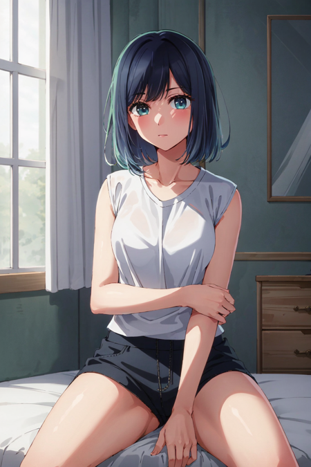 masterpiece, high quality, 8k, beautiful lighting, 1girl, solo, akane, <lora:akane:0.7>,  white shirt, t-shirt, blue short, short, sleeveless, looking at viewer, sitting, bedroom,