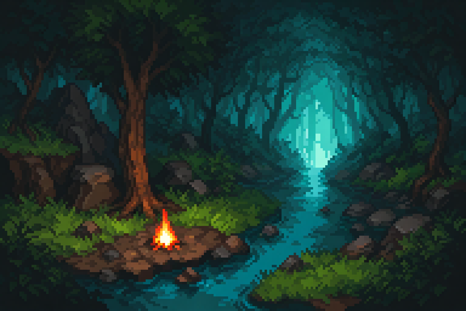 A pixel art forest scene depicting a winding stream cutting through dense woodland toward a glowing destination. In the foreground, a small campfire burns with bright yellow-white flames and orange-red embers on a brown dirt clearing beside a large tree with brown bark, surrounded by patches of green grass and gray rocks. Towering trees with thick trunks line the stream on both sides, their canopies forming a dense overhead cover. In the background, an intense cyan-white luminescence glows through an opening in the forest, creating an ethereal focal point where the stream appears to lead. 