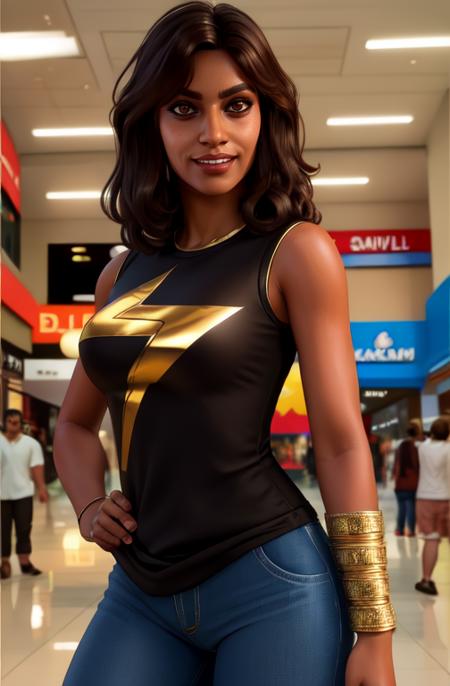 Khamala,brown eyes,dark brown hair,lips,standing,upper body,smile, 
black shirt with lightning bolt symbol, jeans, gold bangles, sleeveless,
mall,  indoors,  super market, 
(insanely detailed, beautiful detailed face, masterpiece, best quality),
 <lora:Khamalakhan-10v7:0.8>