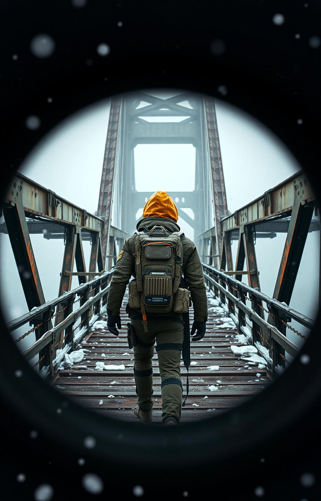 Through the lens of time, a solitary explorer bridges the gap between civilization's death and potential rebirth. Their suit, an elegant fusion of protection and functionality, represents humanity's adaptability. The backpack's complex systems maintain a delicate balance of life support and research capabilities. The bridge, though decaying, offers a symbolic platform between the known and unknown. Snow falls silently around them, each flake carrying traces of the world that was.