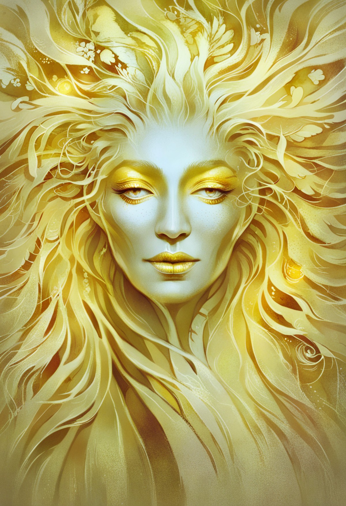 concept art a woman with a golden face and a yellow hair, fantasy, a fantasy world with a mystical atmosphere, golden ligh...