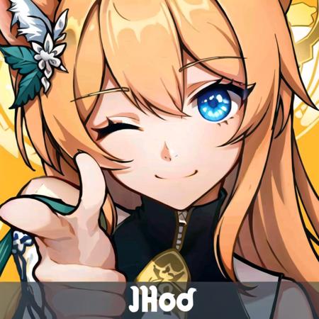 <lora:Honkai 3rd app icon:0.8>, honkai 3rd, looking at viewer, smile, simple background, closed mouth, one eye closed, pointing, yellow background, index finger raised, orange background, pointing at viewer, finger gun, (masterpiece, best quality:1), 1girl, solo, mari, halo, 1girl, blue eyes, orange hair, hair ornament, cat ears, <lora:mariBlueArchive_v5b:0.8>