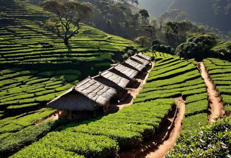In a terraced tea farm in the Western Ghats where narrow tracks wind between manicured bushes and stone huts stand under banyan trees. At winter afternoon, sun lights the upper slopes, (tea shadows:1.1) pattern the ground, and tools rest against huts. ,, Masterpiece,best quality,realistic,HDR, 8K, masterpiece, best_quality, absurdres, ultra-detailed, highly aesthetic,sweeping landscapes, unique perspectives, epic scale, revealing hidden beauty, showcasing vastness, immersive experience, precise compositions, expert piloting, dynamic angles, cinematic storytelling, showcasing natural wonders, aerial exploration