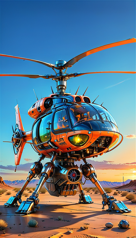 (cel-shading:2)+, (in ARTIST style:1.6), (masterpiece:1.7), glow blue neon, hyperrealism, glossy, shinny, clear image, accurate picture, clear picture, precise image, focused image, Science fiction style, Science fiction, 
(mechanical Helicopter on mechanical legs), solo, outdoors, night, neon, glowing neon, sky, cloud, desert, mechanical Helicopter on mechanical legs focus, scenery, black paint,
gray paint, orange paint,
(ultra sharp focus:2),
<lora:Apparatus_-_Traction_City_Walkers_Vehicles:0.8>