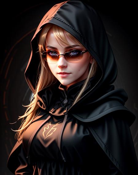 ((Masterpiece, best quality)),edgQuality,smirk,smug, hair inside the hood,
edgCultist, 1girl, solo, (blonde Nadia with sunglasses and a choker), looking at viewer, hood, glowing eyes , black background, portrait, glowing eyes, cloak, dark, hooded cloak ,wearing edgCultist_hood,ominous,dark
<lora:edgCultistHood:1> <lora:Ultimate_Nadia:0.5>