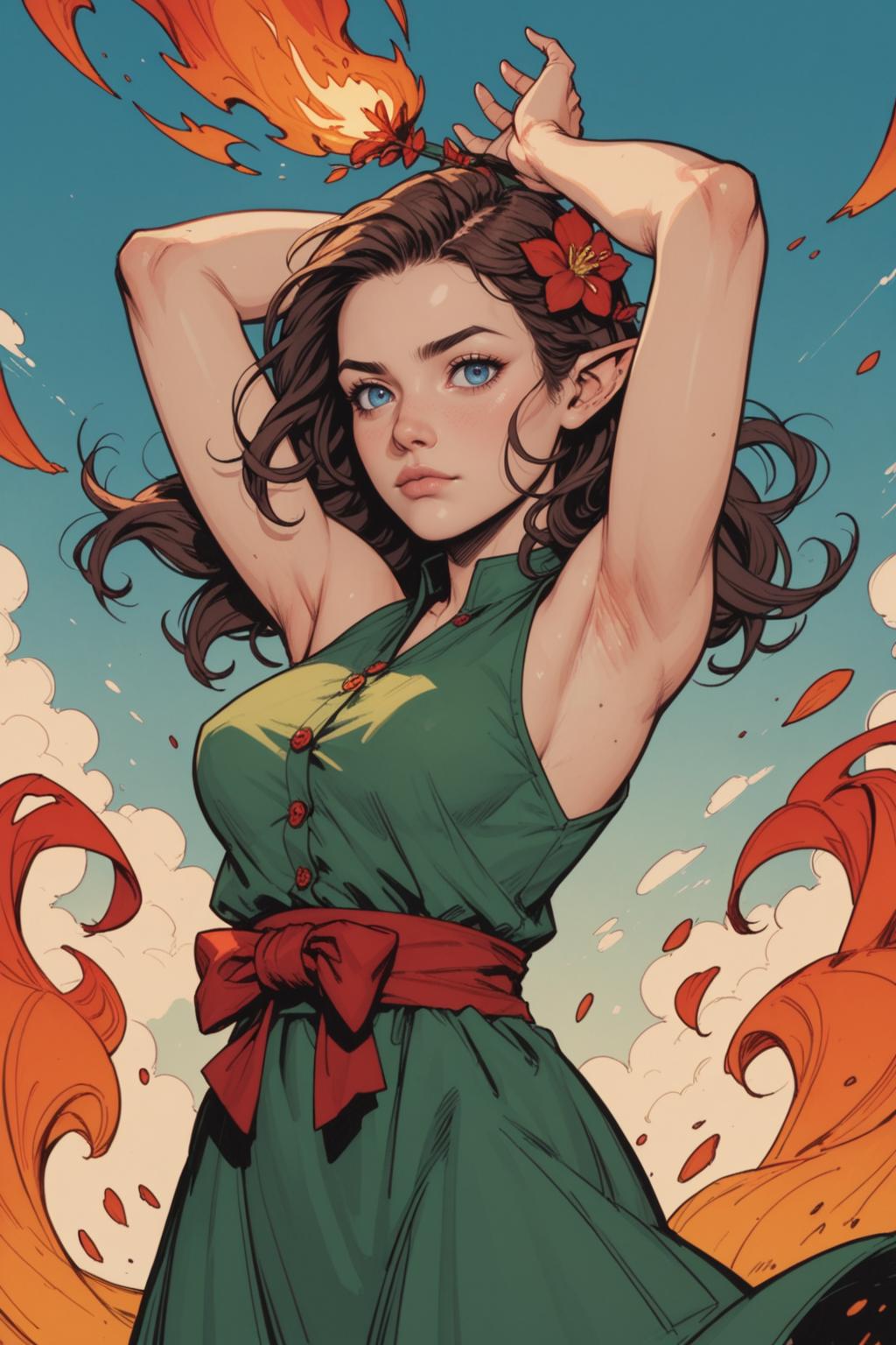 1girl, solo, flower, pointy ears, long hair, blue eyes, brown hair, sleeveless, fire, dress, arms up, red flower, armpits, floating hair, looking at viewer, closed mouth, breasts, sleeveless dress, cowboy shot, hair ornament, shirt, medium breasts, blue background, red dress, bare shoulders, green shirt, white flower, leaf, bare arms, sash, <lora:Expressive_H:0.5>, score_9, score_8_up, score_8_up, a_Comic_Illustration, rough lines with ink, (drawn:1.1), (sketch:1.5), (crosshatching:1.25), (comic style:1.1), graphic novel style, sharp lines, hires, zstyle, (western comics \(style\):1.1), (hatching \(texture\):1.2), zPDXL, Mr_Monster_Possitive, beautiful detailed eyes, extreme details eyes,  perfect anatomy,