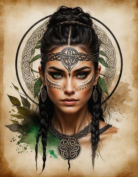 ink illustration on parchment, masterpiece, high resolution, portrait, A warrior, woman, Celtic aesthetics, black canvas, roots, Celtic warpaint on face, eye focus, action pose