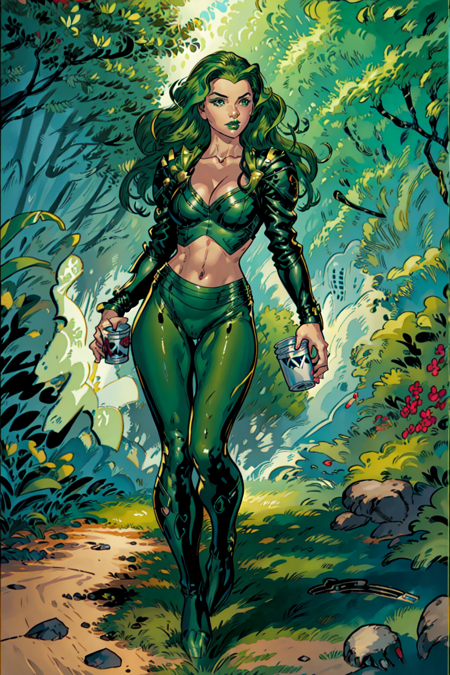 official art, masterpiece, Lorna Dane, Polaris,green lips, 1girl, solo,cup, makeup, lipstick,  long hair, mug, holding cup, breasts, cleavage, bodysuit, green leotard, midriff,  looking at viewer,holding, full body, nice hands, ultra detailed, subsurface scattering, art by jim lee, specular highlights <lora:Polaris-10:0.8>