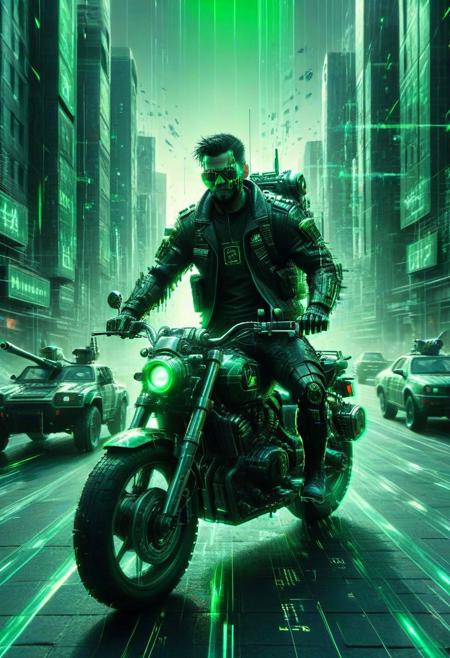 `masterpiece,best quality,absurdres,   A cyberpunk male biker rides a glowing green photo, ultra-realistic futurism, soldiers made of numbers next to a real tank. In the distance, a city, sunny and cheerful, cinematic, masterpiece, best quality, amazing quality, very aesthetic, highly detailed, high resolution, blurry background , ornate, elaborate small details.  detailed, masterpiece, best quality, glitchy, cityscape, monochrome,  matrix