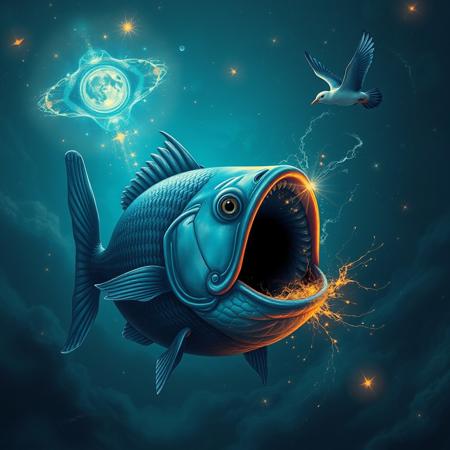 score_9, score_8_up, score_7_up, a cosmic fish with a black hole in its mouth hunting a bird flying in the sky