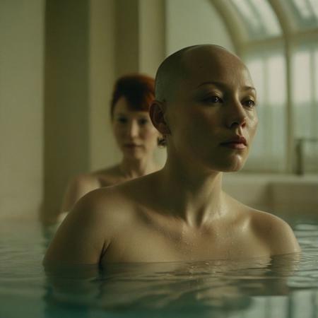 Analog nude full body portrait photograph, 2girls, nude, (1girl beautiful elegant chubby 40yo Asian woman, shaved head )(shiny scalp)(bald head:2), caressing head of (1girl, beautiful petite pale freckled redhead 28yo white woman), in pool of ornate huge Moorish Bath, columns, skylights, shot from below, dark chiaroscuro lighting, rich dark cool reds and pale nuetral colors in background, 35mm, realistic, Cinematic Hollywood Film style, high detail, detailed eyes, detailed skin texture, (blush:0.2), (goosebumps:0.3), subsurface scattering, highly detailed skin, skin imperfections, mole, dirty skin, sweat, scar, atmospheric, dramatic, erotic, sensual, rich dark colors, deep shadows, masterpiece, harmonious, vignette, 4k epic detailed, shot on kodak, 35mm photo, sharp focus, high budget, cinemascope, moody, epic, gorgeous, film grain, asz, portrait photo, Art style by Ingres