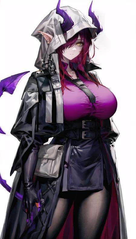 ascalon-hairstyle, horns, hood up,red hair,yellow eyes,hair over one eye,
outfit-trench coat,pink shirt, demon tail, pantyhose,black gloves,
lady,mature female,
cowboy shot, 
(white background, simple background:1.08),
highres,official art,original,masterpiece,best quality,
(huge breasts),
 <lora:ascalon4 2head:0.7>