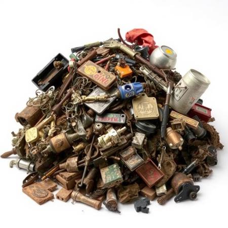Front view of a A small pile of junk, within the pile is an assortment of items including metal junk, plastic junk, and textile junk