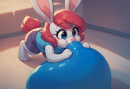 score_9, score_8_up, score_7_up, score_6_up, score_5_up, score_4_up, female, solo, semi-anthro, feral, rabbit, superbuns, dynamic angle, blowing up a balloon,  cute, safe, rating_safe, big balloon,