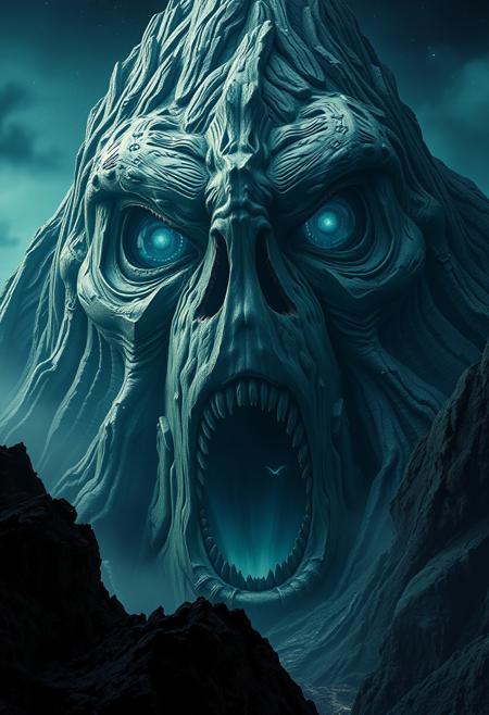 Lovecraftian realism, 32k UHD, national geographic style, photography, mysterious terrifying horrifying scary enormous anthropomorphic mountain, eyes, mouth, night, intricate design, photorealistic, hyperrealistic, high definition, extremely detailed, cinematic, UHD, HDR, 32k, ultra hd, realistic, vivid colors, highly detailed, perfect composition, beautiful detailed intricate insanely detailed octane render, trending on artstation, artistic photography, concept art, soft natural volumetric cinematic perfect light, Macro photography, close-up, hyper detailed, trending on artstation, sharp focus, studio photo, intricate details, highly detailed
