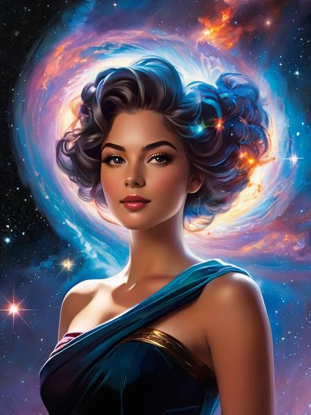 <lora:04Vintageillustration_Hap_XL:3.3>,Norman Rockwell style (in Don Bluth style:1.4), (masterpiece:1.2), (female sentient cloud being, wispy form composed of swirling stardust and nebula gas, attire a symphony of celestial bodies galaxies draped like scarves, comets as sashes, rendered in a cosmic abstract style with swirling brushstrokes, wearing unique Avant-garde masterpiece attire and headdress:1.1), (bathed in the diffused glow of a neutron star, set against the backdrop of colliding galaxies, fiery tendrils of energy weaving between them, Background is a Deep space, a churning vortex of color and light:1.1), (hyperdetailed:1.1), (intricate details:1.0), (Refined details:1.1), (best quality:1.1), highly detailed textures, (very stylish detailed modern haircut, mesmerizing detailed radiant face, mesmerizing detailed beautiful eyes:1.2)