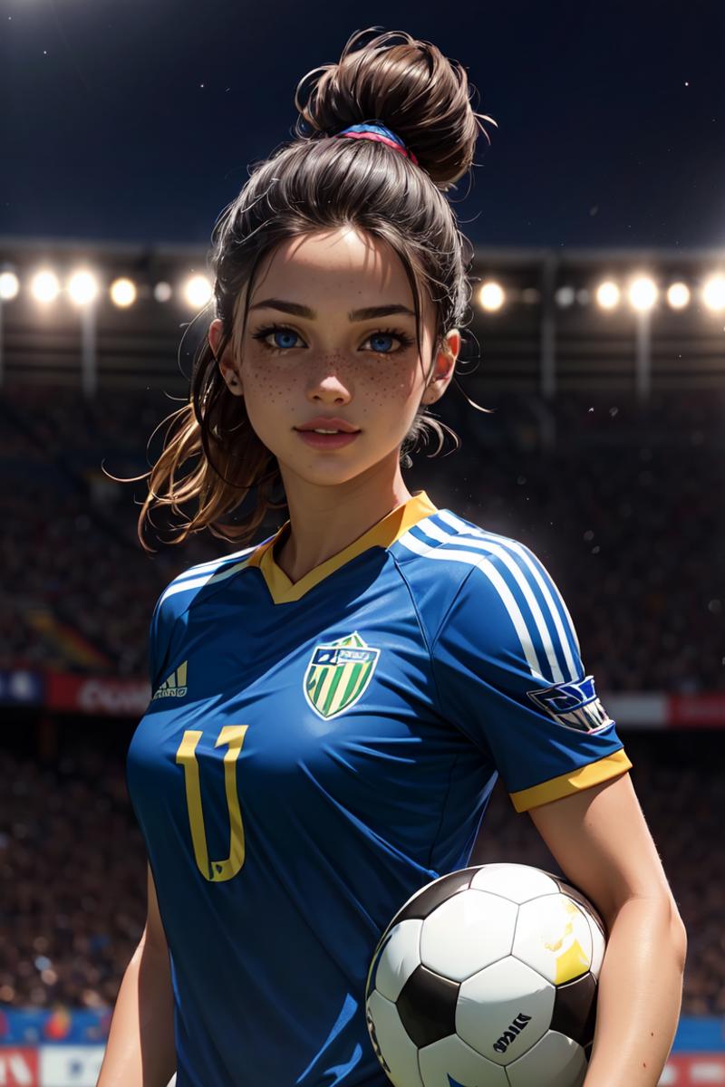 A 3D rendered female soccer player with a blue jersey and yellow numbers holds a soccer ball.