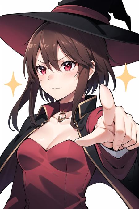 objection, ace attorney,
1girl, bangs, black cape, black choker, blurry, blurry background, blush, breasts, brown hair, cape, choker, closed mouth, collarbone, dress, furrowed brow, hair between eyes, hat, light frown, long sleeves, looking afar, red dress, red eyes, short hair, short hair with long locks, small breasts, solo, sparkle, upper body, white background, witch hat, parody, pointing,
<lora:objection:0.7>