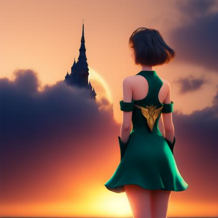 Anime, Pretty Woman in Green Dress, Sunset Horizon, Stares at the end of the world, trending on artstation, cinematic lighting, 8k, depth of field, highly detailed, vivid colors, bright lights, digital art, very coherent, cinematic, hyper realism, high detail, 8k, iridescent accents, black teal gold color scheme, trending (to8highkey:1) <lora:to8sHighKeyLORASD21_sd21768:0.6>  <lora:johnsondesuv2-320-e1:0.6>